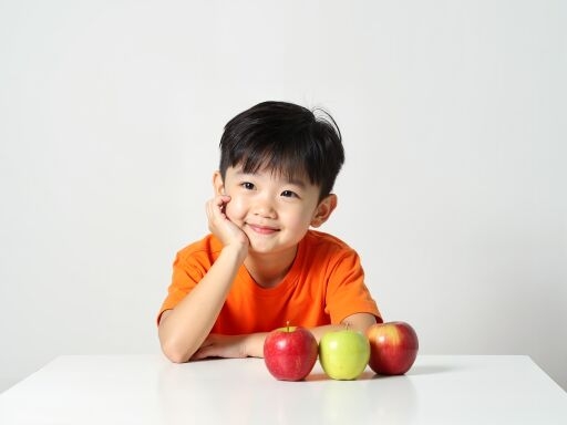 사과와 함께 웃는 아이