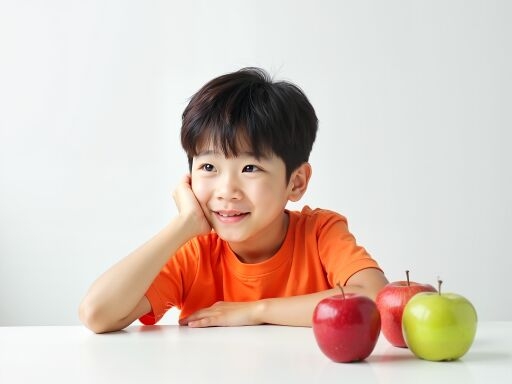 사과와 함께 웃는 아이