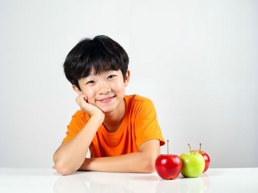 사과와 함께 웃는 아이