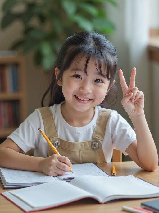 연필을 든 밝은 미소의 소녀