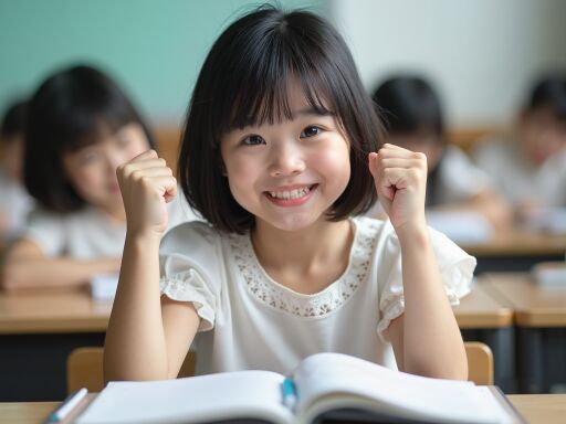 책상에 앉아 주먹을 쥐고 미소짓는 소녀