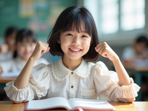 책상에 앉아 주먹을 쥐고 미소짓는 소녀