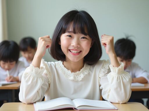 책상에 앉아 주먹을 쥐고 미소짓는 소녀