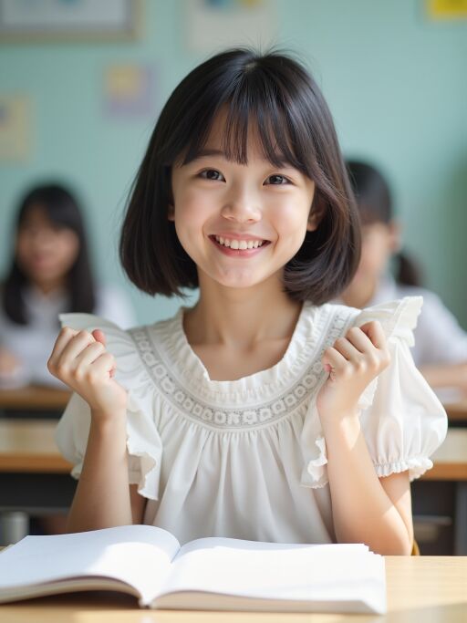 책상에 앉아 주먹을 쥐고 미소짓는 소녀