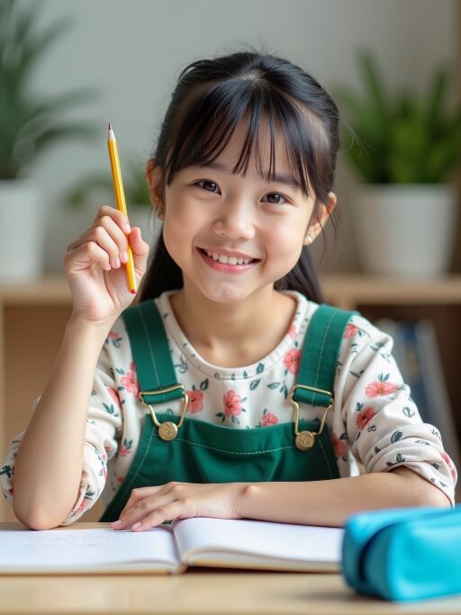 연필을 든 밝은 미소의 소녀