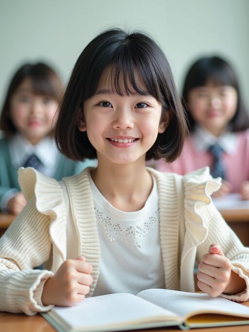 책상에 앉아 주먹을 쥐고 미소짓는 소녀