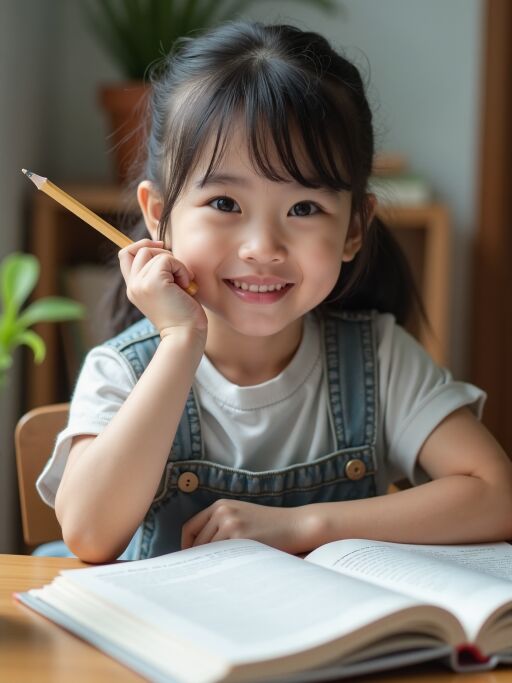 연필을 든 밝은 미소의 소녀