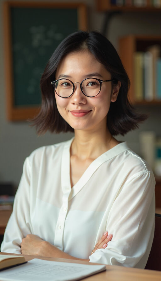 교실에서 팔짱을 끼고 있는 선생님