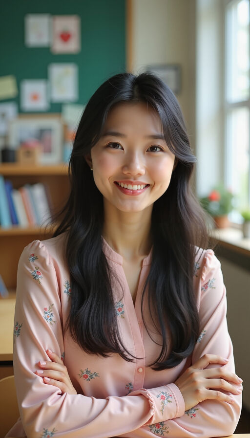 도서관에서 미소 짓고 있는 여자