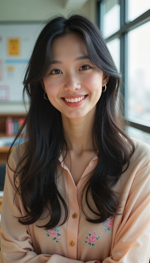 도서관에서 미소 짓고 있는 여자