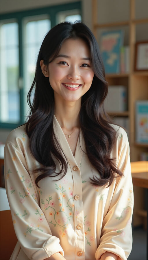 도서관에서 미소 짓고 있는 여자