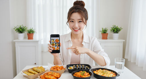 핸드폰의 음식을 가르키고 있는 젊은 여성