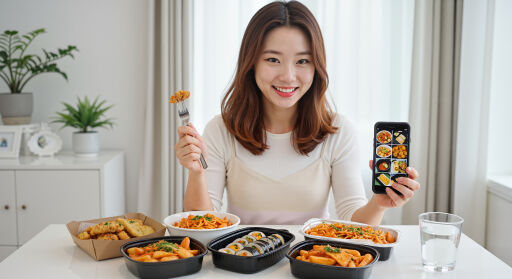 핸드폰의 음식사진을 들고 있는 사람
