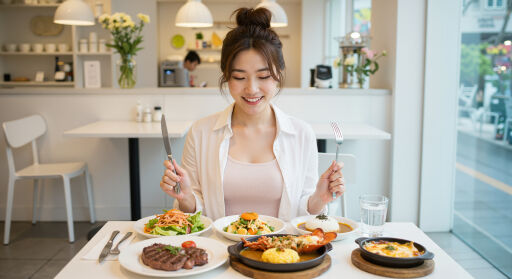 포크와 나이프를 들고 있는 젊은 여자 