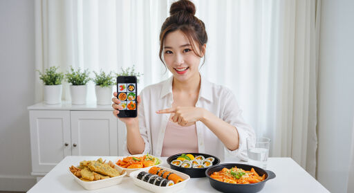 핸드폰을 가르키고 있는 젊은여자