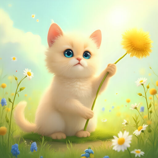 꽃밭에서 꽃을 들고 앉아있는 고양이