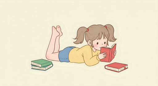 엎드려서 책 읽고 있는 여자아이