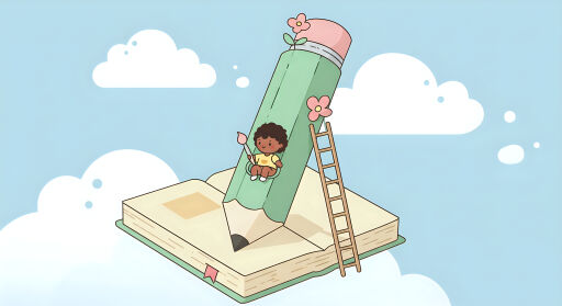 하늘에 떠있는 연필에 앉아서 놀고있는 어린이