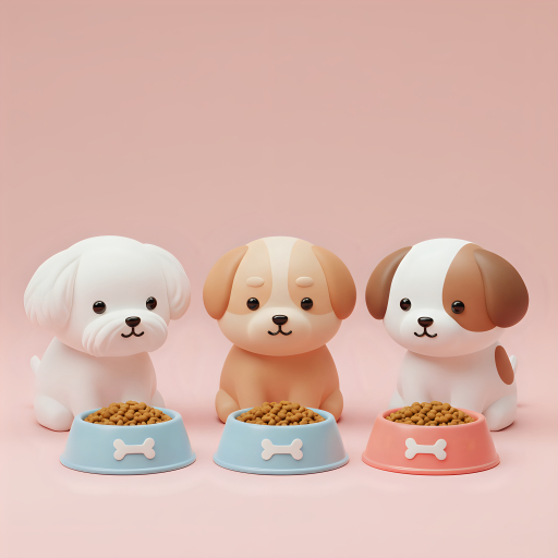 사료가 담긴 밥그릇 앞에 앉아있는 세마리 강아지