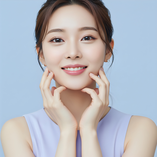 얼굴에 손을 얹은 미소짓는 여성