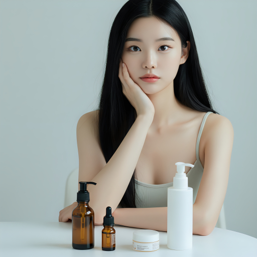 스킨케어 제품을 가진 젊은 여성