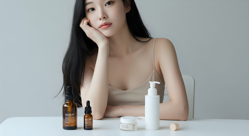 스킨케어 제품을 가진 여성