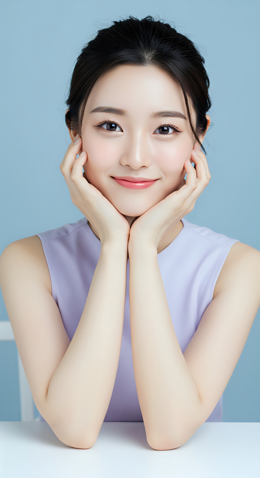 젊은 여자가 얼굴에 손을 얹고 있음