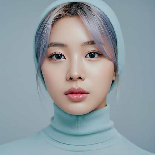 청록색 터틀넥 스웨터 입은 젊은 여성의 초상화.