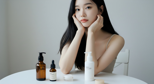 스킨케어 제품을 가진 여성