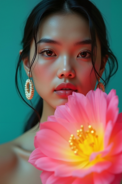 귀걸이를 착용한 여성과 꽃