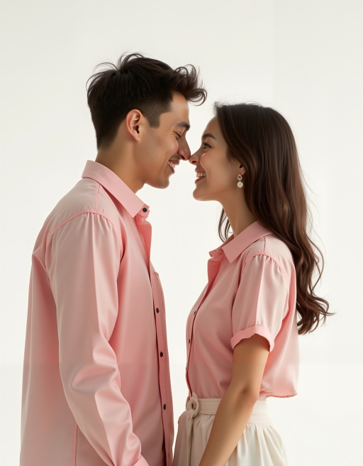 분홍색 셔츠를 입은 남여