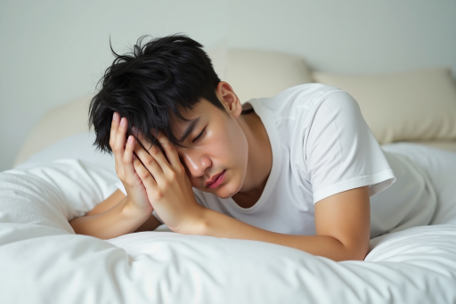 손으로 얼굴 가리는 젊은 남자