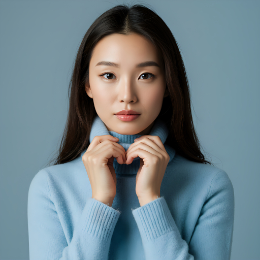 터틀넥 스웨터 입은 젊은 여성
