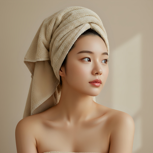 수건을 머리에 두르고 있는 젊은 여성