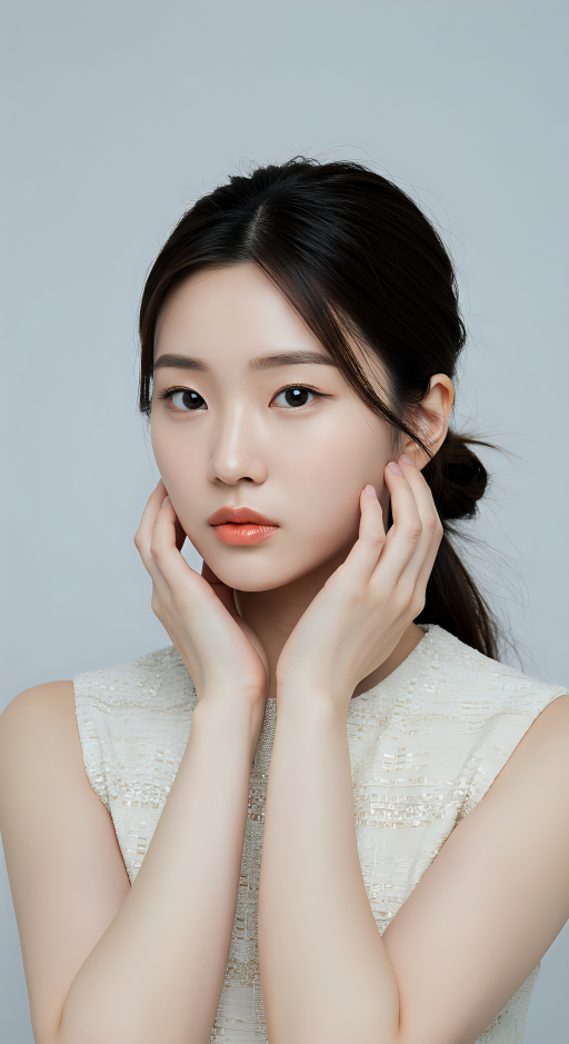 젊은 여자가 얼굴에 손을 얹고 있음
