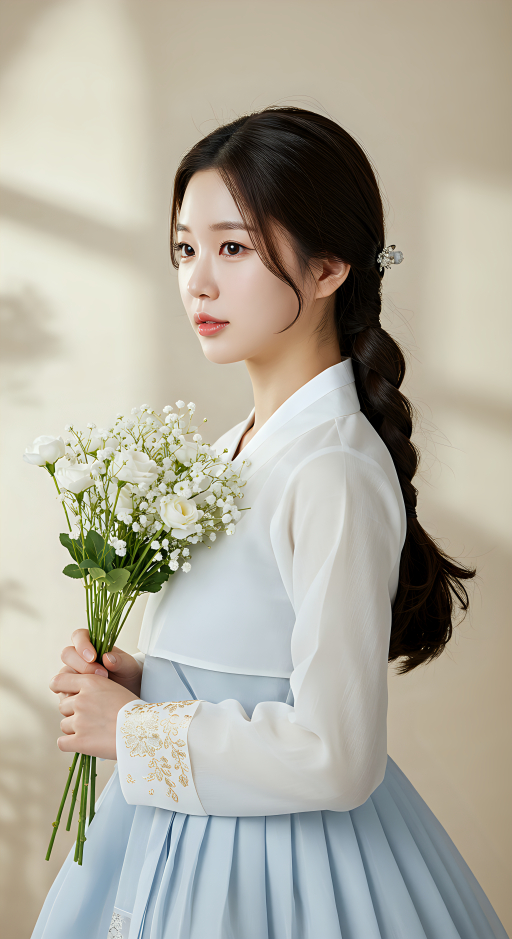 전통 한복을 입은 젊은 여자가 꽃을 들고 있는 모습