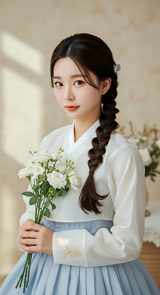 전통 한복을 입은 젊은 여자가 꽃을 들고 있다.