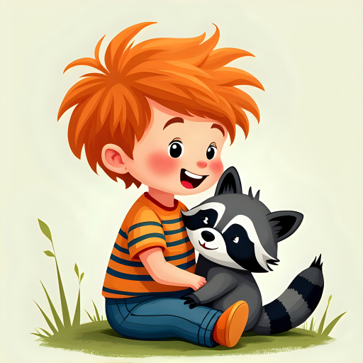 귀여운 소년이 raccoon을 껴안고 있는 그림