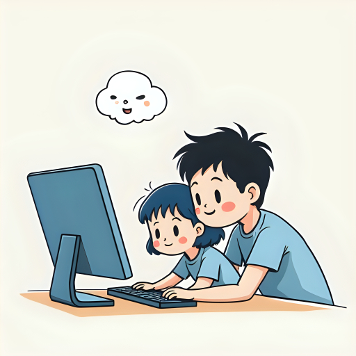 아버지와 아들이 컴퓨터를 사용하고 있다