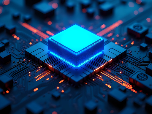 회로판 위에 푸른 CPU 클로즈업.