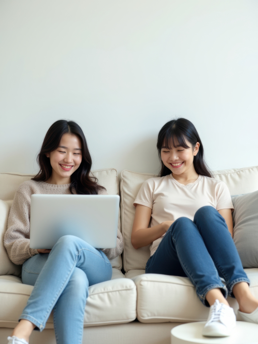 소파에 앉아 휴식하는 젊은 두 여성