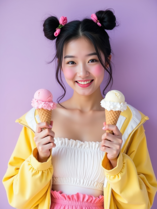젊은 여자가 아이스크림 콘을 들고 있는 모습