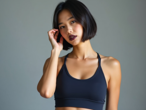 검은색 스포츠 브라를 입은 여성