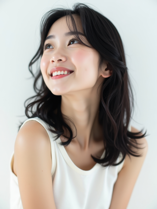 젊은 여자가 위를 올려다보고 있다