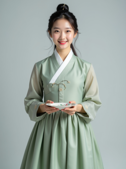 전통 한복을 입은 젊은 여성.
