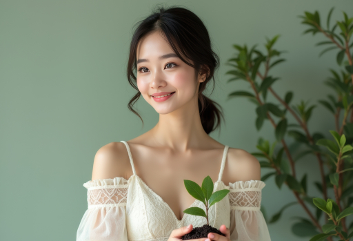 젊은 여자가 식물을 들고 있는 모습