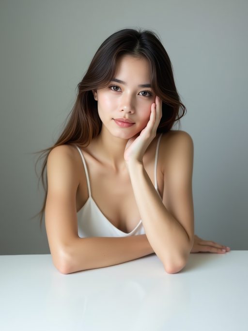 테이블에 기대어 있는 젊은 여성.