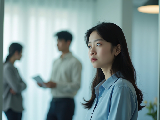 파란 셔츠를 입은 여성