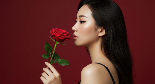 장미를 들고 있는 여성