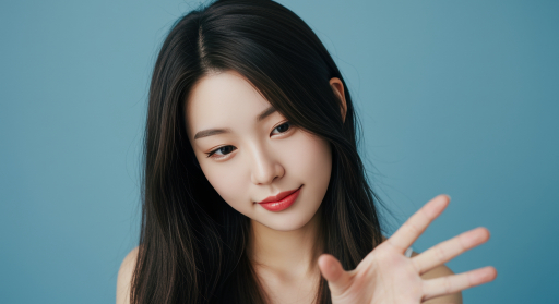 젊은 여자가 손가락으로 제스처를 취하고 있는 모습
